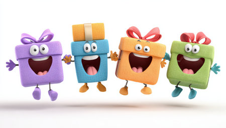 Four animated gift boxes with smiling faces and arms are happily jumping, displaying bright colors and a joyful ambiance, perfect for celebrations and festive occasionsの素材
