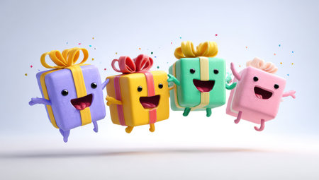 Cartoon gift boxes with cheerful expressions are leaping joyfully, surrounded by colorful confetti, evoking a sense of celebration and happiness in a vibrant sceneの素材