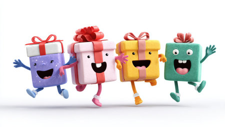 Cartoon gift boxes with vibrant colors and playful expressions are jumping in unison, radiating joy and excitement, ideal for festive occasions and celebrationsの素材