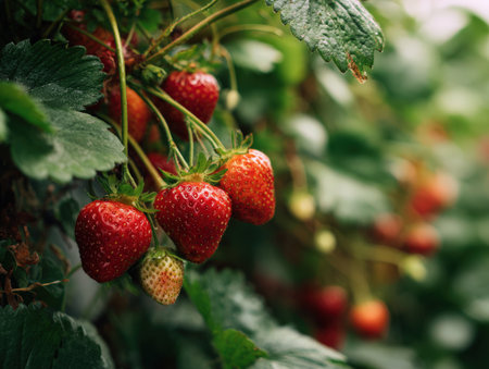Ripe strawberries are nestled among green leaves in a garden, highlighting the freshness and vibrancy of nature's bounty in a sunny settingの素材