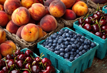 Assorted fresh fruits in woven baskets, including juicy peaches, sweet cherries, and rich blueberries, create a vibrant and inviting market scene filled with natural beautyの素材