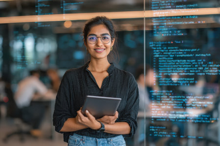 Confident young woman with glasses, holding tablet in modern office, surrounded by colleagues and digital code, representing teamwork and technological advancementの素材