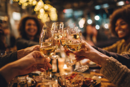 Diverse group of friends raising wine glasses in celebration at a beautifully set dinner table, surrounded by festive decorations and a warm atmosphereの素材