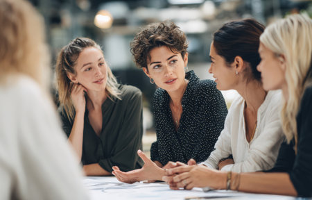 Diverse women are actively discussing ideas at a table, showcasing collaboration and creativity in a contemporary workspace filled with natural light and modern designの素材