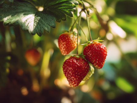 Ripe strawberries are suspended from lush green leaves, displaying their vivid red hue and natural textures, representing freshness and organic agricultureの素材