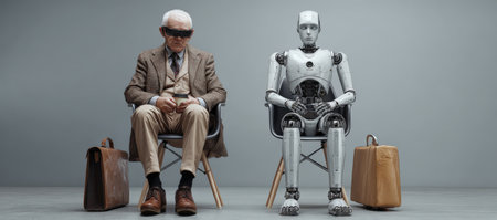 An elderly man dressed in a suit sits next to a humanoid robot, both with briefcases, highlighting the contrast between human experience and technological advancementの素材