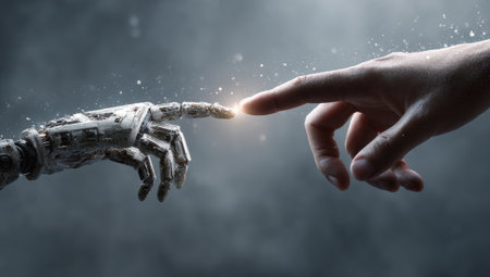 Robotic hand extends towards human hand, illustrating the merging of technology and humanity, with a dramatic background enhancing the theme of connection and progressの素材