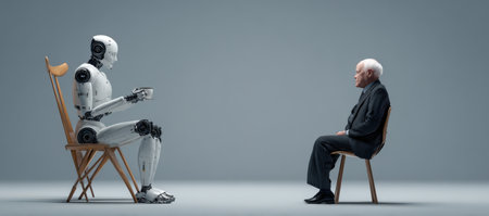 Robot and senior man are seated in a simple environment, engaging in a thoughtful conversation, highlighting the blend of technology and human interactionの素材