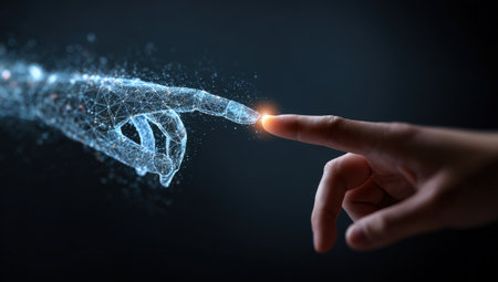 Digital representation of human and robotic hands reaching out, illustrating the connection between technology and humanity, surrounded by glowing particles and a dark atmosphereの素材