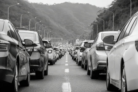 Long line of cars stuck in traffic on a highway, highlighting the challenges of urban commuting and the impact of congestion on daily lifeの素材
