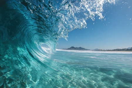 Stunning ocean wave forms a perfect curl, reflecting sunlight and revealing vibrant turquoise colors, with a serene beach and distant mountains enhancing the natural beautyの素材