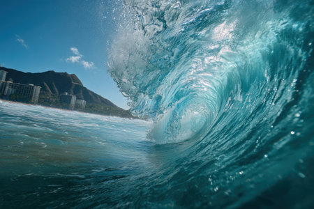 Majestic ocean wave curls dramatically towards the beach, displaying rich turquoise hues and foamy texture, with mountains and structures enhancing the coastal atmosphereの素材