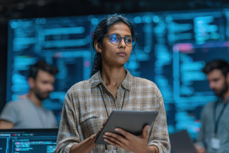 Confident female professional holds tablet in a contemporary tech environment, with colleagues and digital screens showcasing programming and data analysis in the backgroundの素材
