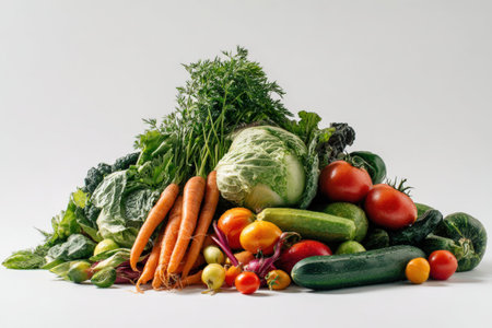 Vibrant collection of various vegetables such as carrots, tomatoes, cucumbers, and leafy greens, arranged artistically to promote healthy eating and fresh organic produceの素材