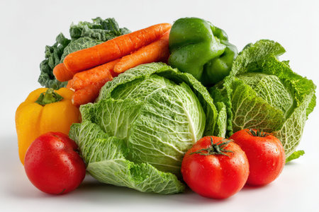 Vibrant collection of fresh vegetables featuring bell pepper, carrots, tomatoes, and cabbage, arranged on a clean white background, promoting healthy lifestyle choicesの素材