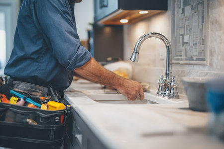 Male plumber is working on kitchen sink with modern faucet, surrounded by tools in a bag, highlighting home repair skills and professional craftsmanshipの素材