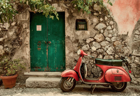 Classic red scooter stands next to an aged stone wall and a green door, creating a picturesque scene filled with character and charm in a cozy settingの素材