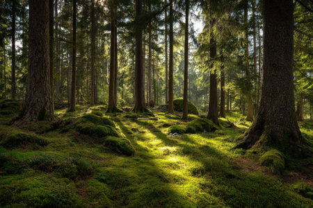 Serene forest scene featuring tall trees and vibrant moss, with sunlight filtering through the leaves, creating a peaceful ambiance in nature's embraceの素材