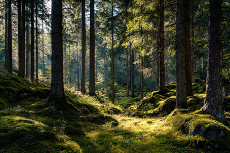 Serene forest scene featuring tall trees and vibrant green moss, with sunlight filtering through branches, creating a tranquil and peaceful natural environmentの素材