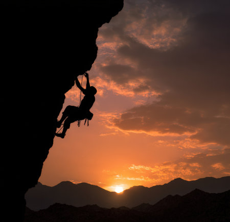 Climber ascends steep rock face silhouetted against a stunning sunset, highlighting the spirit of adventure and the beauty of nature in an outdoor settingの素材