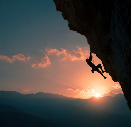 Athletic climber ascends a steep rock face during sunset, with a breathtaking view of mountains and clouds in the background, highlighting the spirit of adventureの素材