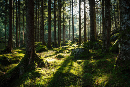 Serene forest scene featuring tall trees with sunlight filtering through branches, moss-covered rocks on the ground, creating a peaceful natural environmentの素材