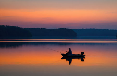 Individual fishing from a small boat on tranquil lake during sunset, with colorful sky reflecting on water, evoking a sense of calm and connection to natureの素材