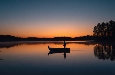 A person is paddling a small boat on a serene lake at sunset, with colorful reflections on the water and trees in the background, creating a tranquil atmosphereの素材