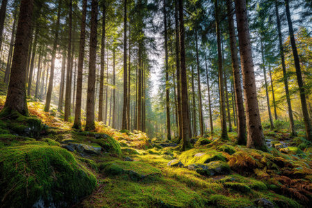 Serene forest scene featuring tall trees and sunlight filtering through branches, illuminating the vibrant moss-covered ground, creating a peaceful atmosphere with copy spaceの素材