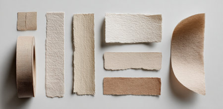 Textured paper strips and rolls in shades of beige and cream are arranged on a light surface, highlighting their unique qualities for artistic and design applicationsの素材