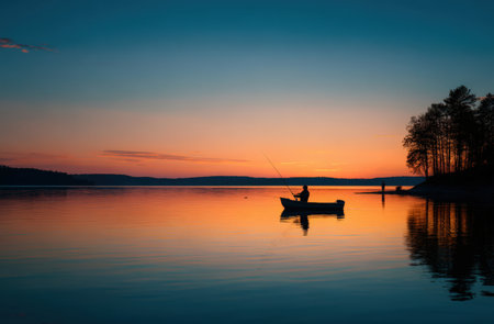 Fisherman in silhouette, casting fishing line from small boat on tranquil water at sunset, with trees in background reflecting warm colors of the evening skyの素材