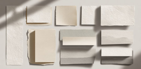 Textured paper pieces are arranged on a neutral background, displaying various shades and surfaces, perfect for creative design projects and mock up applicationsの素材