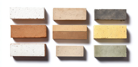 A collection of bricks featuring different textures and colors, including white, beige, brown, gray, yellow, and green, ideal for construction and design inspirationの素材