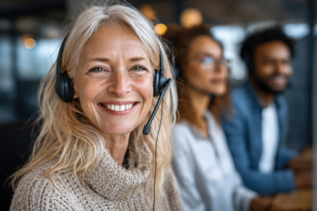Senior female customer service representative wearing headset, smiling in a contemporary office setting, demonstrating teamwork and communication with colleagues nearbyの素材