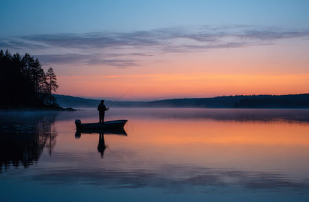 Individual fishing from a boat on a serene lake during sunset, with colorful reflections and trees in the background creating a peaceful atmosphereの素材