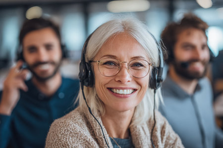 Happy female customer service representative with headset, collaborating with colleagues in a contemporary office, emphasizing teamwork and effective communicationの素材