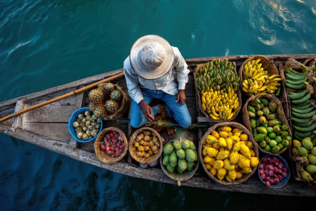 Male fruit vendor in a straw hat is seated on a wooden boat filled with assorted fresh fruits, creating a lively and colorful market atmosphere on the waterの素材