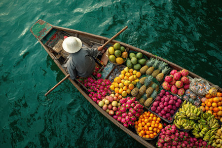 Vendor in conical hat rows boat loaded with assorted fruits on calm water, highlighting the rich colors and textures of tropical produce in a lively market sceneの素材