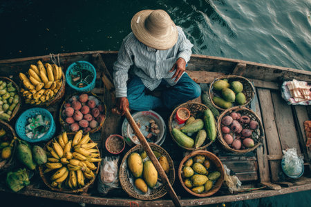 Senior man in a straw hat is seated in a wooden boat filled with colorful baskets of fresh fruits, creating a lively market atmosphere on the waterの素材