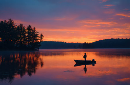 A man is fishing from a boat on a serene lake during sunset, with vibrant colors in the sky and trees mirrored in the calm water, evoking tranquility and natureの素材