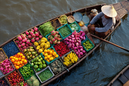 Vibrant display of assorted fruits in baskets on a boat, with a vendor in a conical hat, navigating through serene waters, highlighting local market traditionsの素材