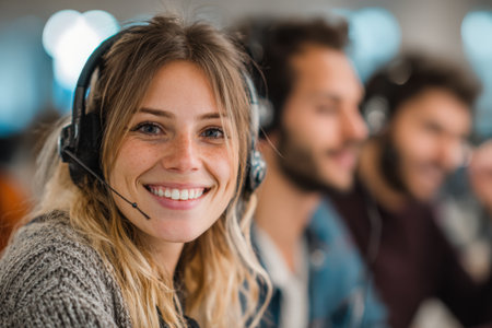 Happy female customer service representative wearing headset, interacting with colleagues in a vibrant call center, emphasizing collaboration and professionalismの素材
