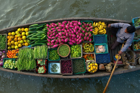 Aerial view of a boat brimming with assorted fruits and vegetables, featuring bright colors and textures, creating a lively atmosphere on the waterの素材