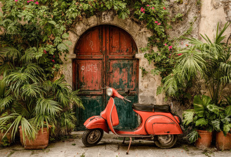 Classic red scooter stands next to vibrant greenery and an aged wooden door, enhancing the rustic charm of the outdoor scene with a warm, inviting ambianceの素材