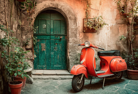 Classic orange scooter rests next to a rustic green door in an inviting alley, adorned with potted plants and textured stone walls, creating a warm ambianceの素材