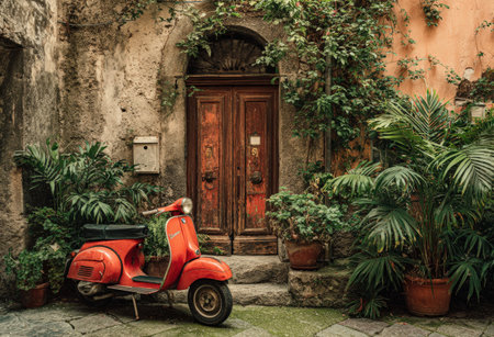 Red vintage scooter rests next to an aged wooden door, embraced by vibrant greenery and weathered stone, evoking a nostalgic and picturesque sceneの素材