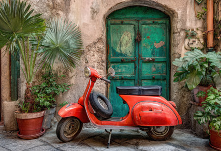 Classic red scooter rests against a textured wall with a turquoise door, surrounded by tropical plants, evoking a warm and inviting atmosphere in an urban settingの素材