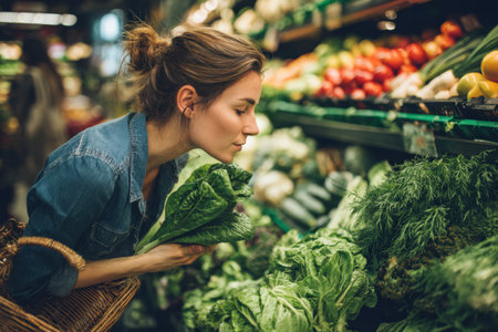 Female shopper is choosing fresh leafy greens in a grocery store, with an array of colorful vegetables in the background, emphasizing healthy eating habitsの素材