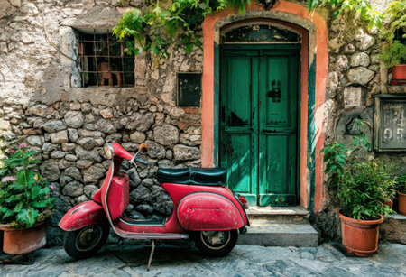 Classic red scooter rests against a weathered stone wall, featuring a bright green door and surrounding greenery, evoking a serene and inviting atmosphereの素材