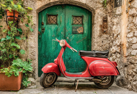 Classic red scooter rests beside a textured stone wall and a green door, surrounded by greenery, evoking a nostalgic atmosphere of urban explorationの素材